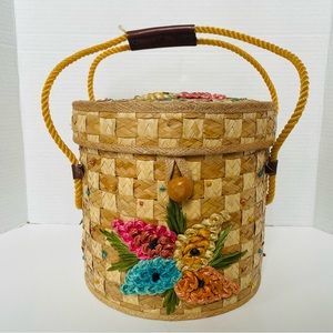 Vintage Mid Century Woven Straw Raffia Tropical Purse Beach Tote Picnic Basket